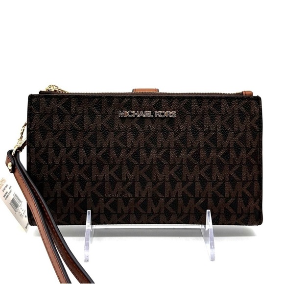 Michael Kors Large Double Zip Wallet Wristlet Brown/Gold - Picture 2 of 8